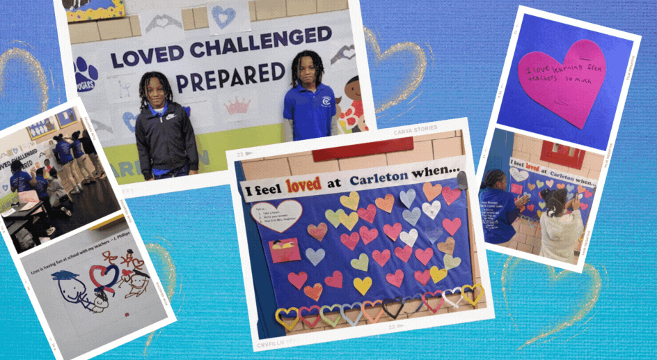  students standing in front of the loved, challenged, and prepared banner